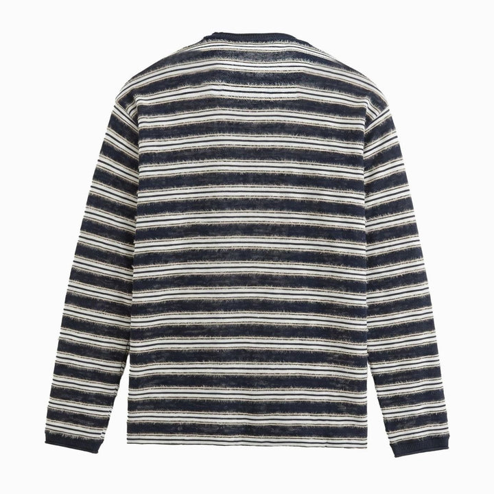 Unisex Striped Fine-Knit Long-Sleeve Crewneck Sweater, Gray