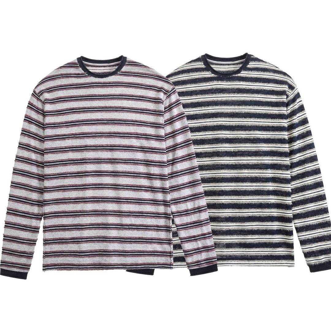 Unisex Striped Fine-Knit Long-Sleeve Crewneck Sweater, Gray