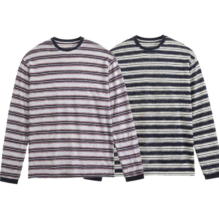 Unisex Striped Fine-Knit Long-Sleeve Crewneck Sweater, Gray