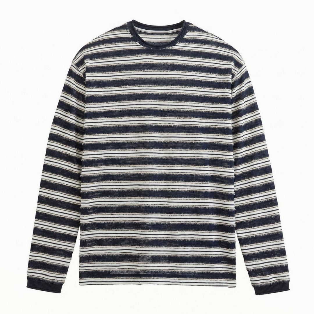 Unisex Striped Fine-Knit Long-Sleeve Crewneck Sweater, Gray - Navy-White Striped