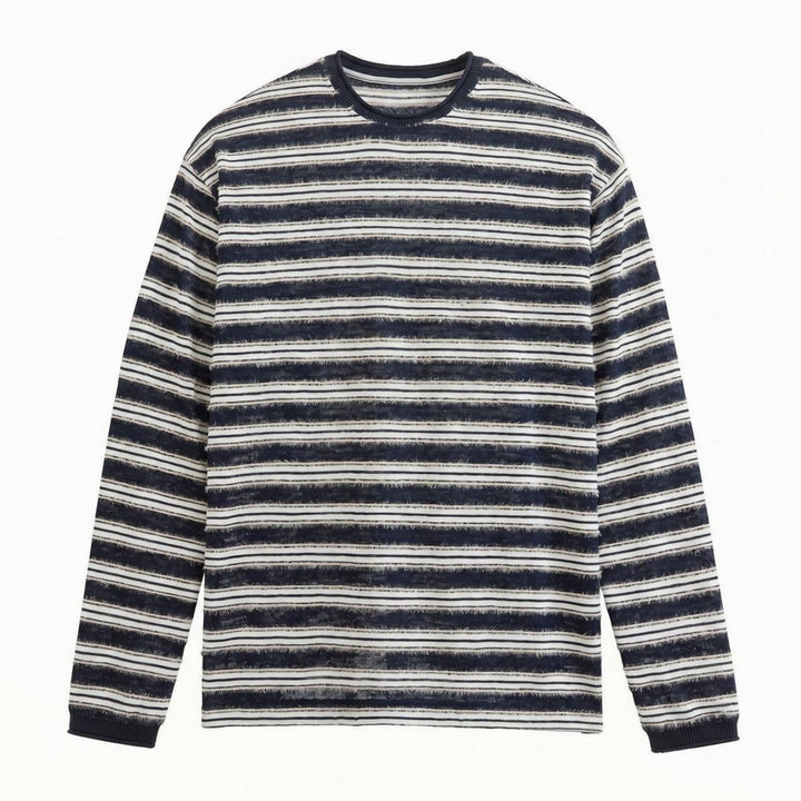 Unisex Striped Fine-Knit Long-Sleeve Crewneck Sweater, Gray - Navy-White Striped