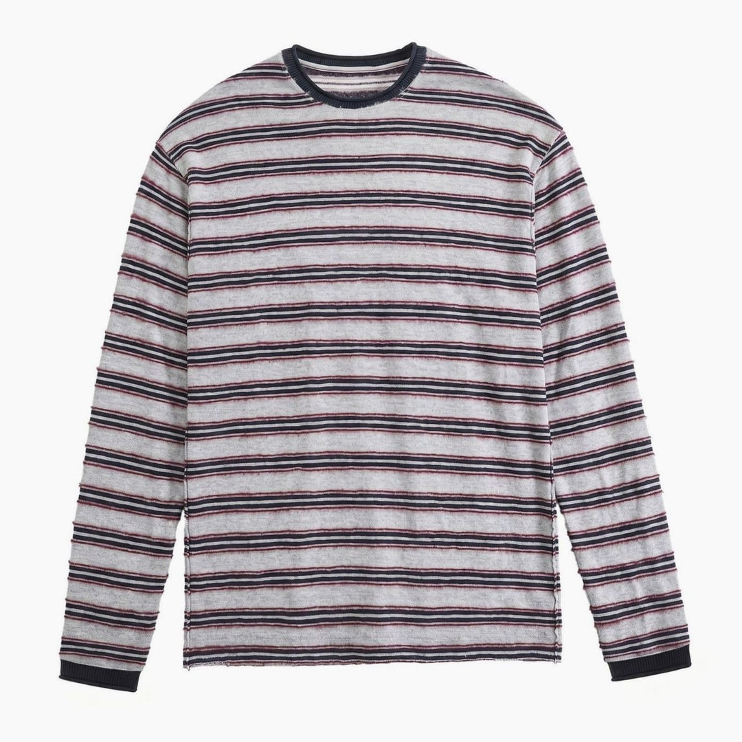 Unisex Striped Fine-Knit Long-Sleeve Crewneck Sweater, Gray - Gray-Navy Striped