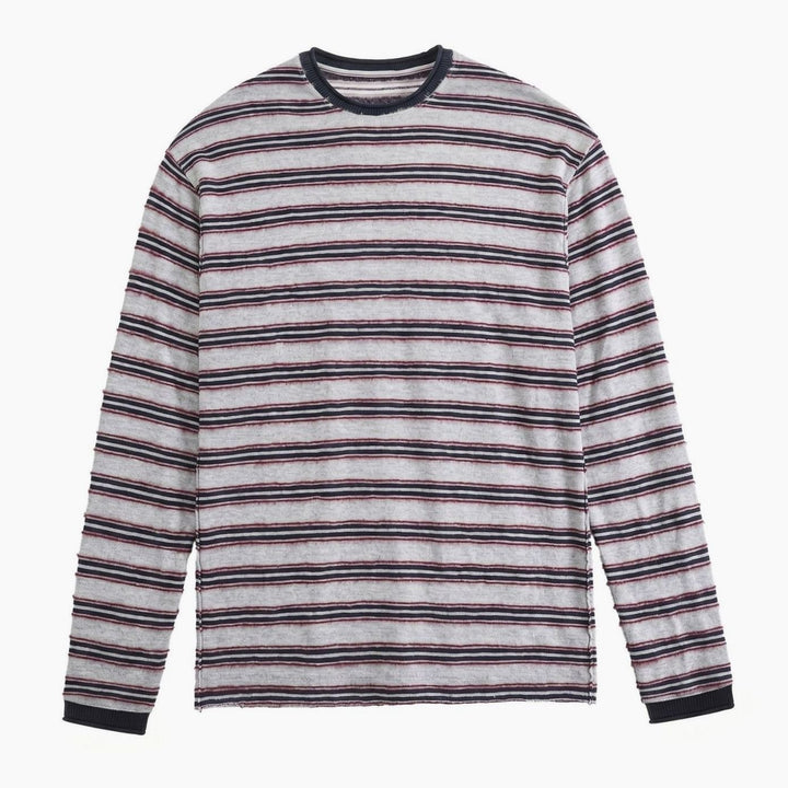 Unisex Striped Fine-Knit Long-Sleeve Crewneck Sweater, Gray - Gray-Navy Striped