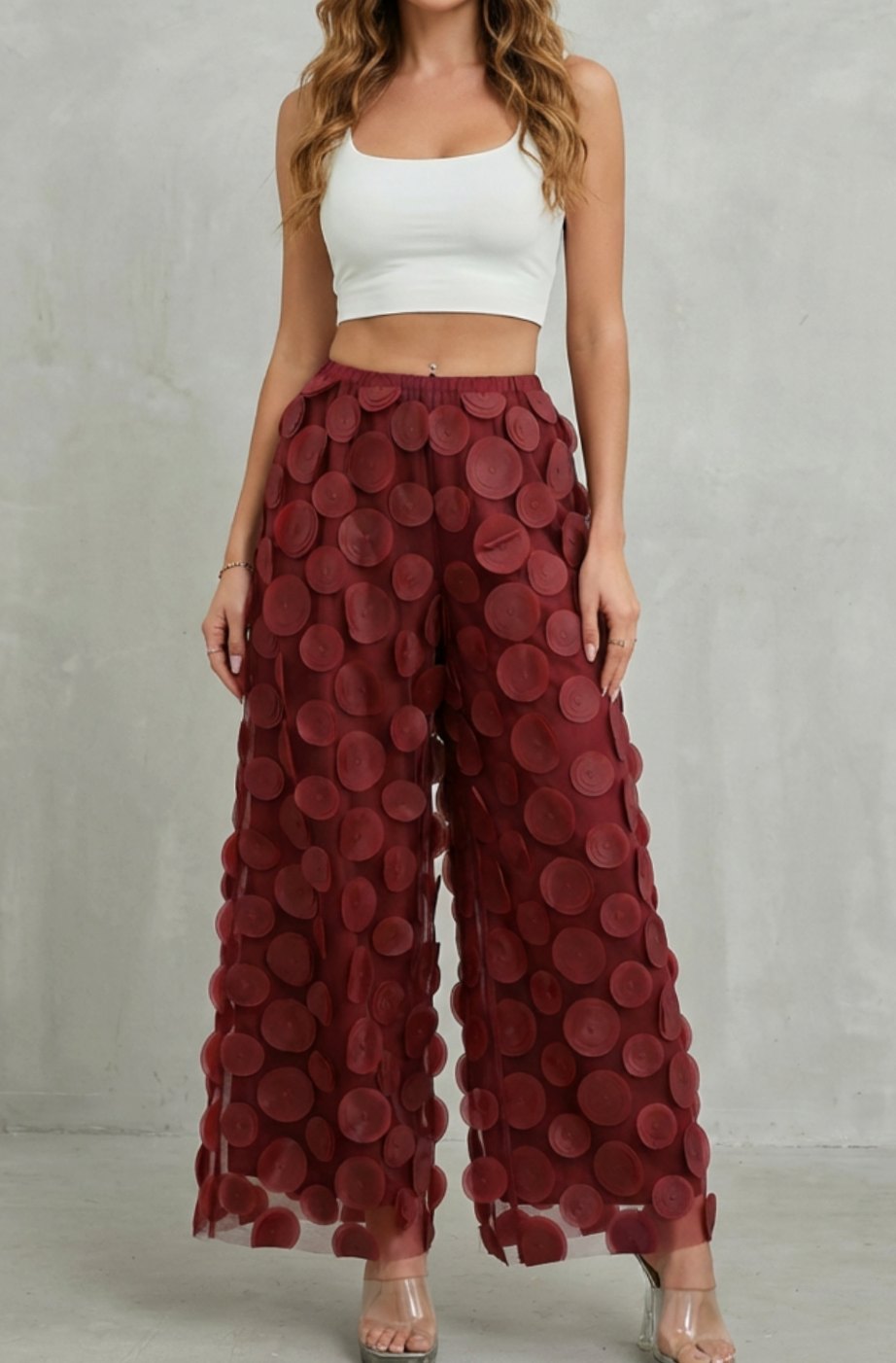 Women's 3D Circle Appliqué Elasticated Wide Leg Pants - Burgundy