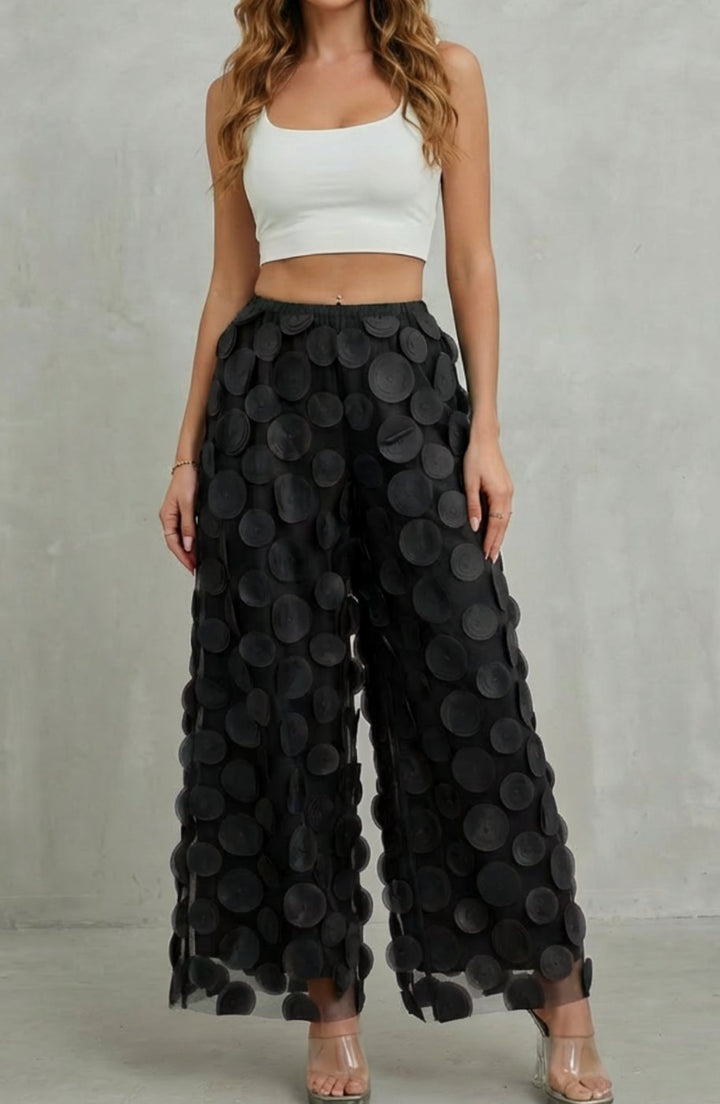Women's 3D Circle Appliqué Elasticated Wide Leg Pants - Black