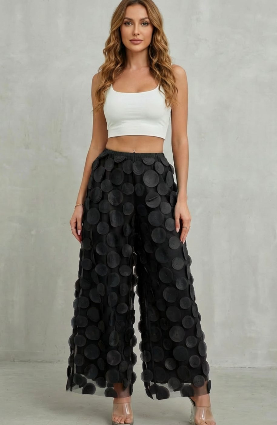 Women's 3D Circle Appliqué Elasticated Wide Leg Pants