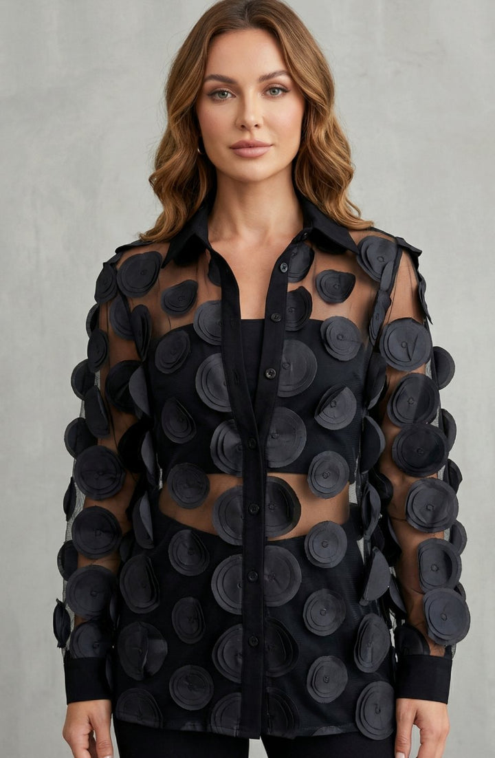 Women's 3D Floral Applique Sheer Mesh Button-Down Blouse Set