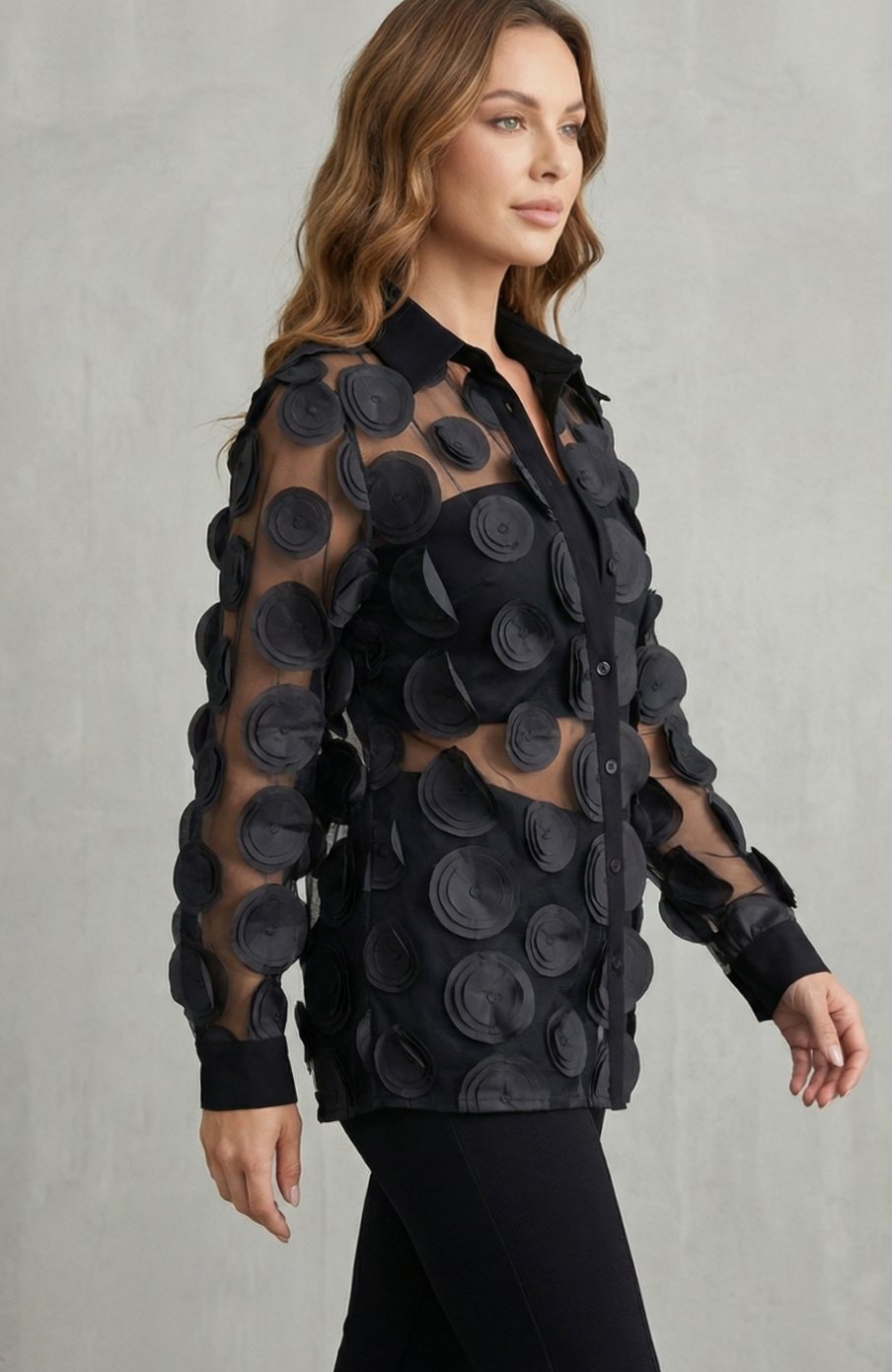 Women's 3D Floral Applique Sheer Mesh Button-Down Blouse Set