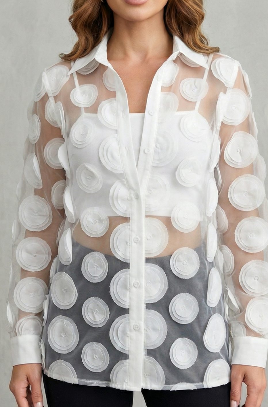 Women's 3D Floral Applique Sheer Mesh Button-Down Blouse Set - White