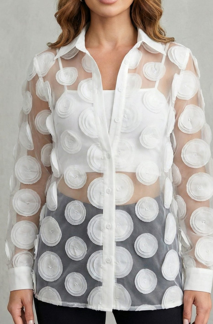 Women's 3D Floral Applique Sheer Mesh Button-Down Blouse Set - White