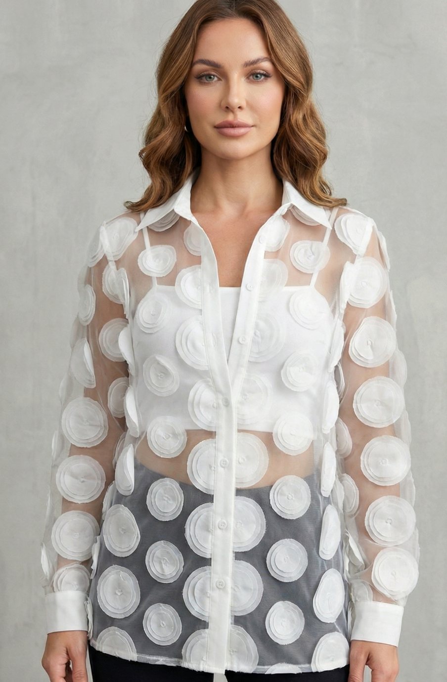 Women's 3D Floral Applique Sheer Mesh Button-Down Blouse Set
