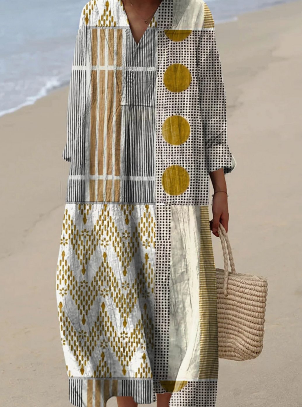 Women's Abstract Geometric Patchwork Print Long Sleeve Maxi Dress - Multicolor