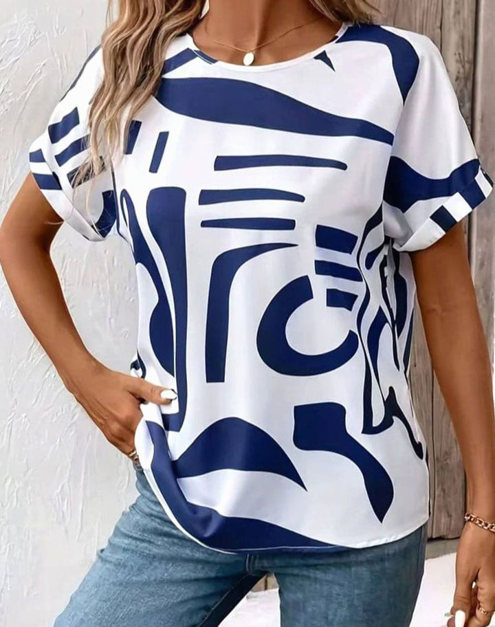 Women's Abstract Print Relaxed-Fit Round-Neck Blouse