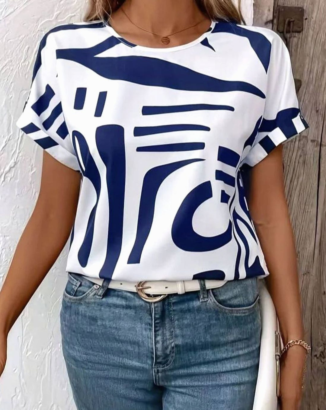Women's Abstract Print Relaxed-Fit Round-Neck Blouse - White