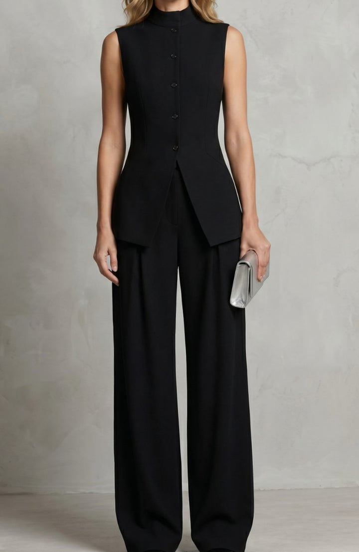 Women's Asymmetric Draped Sleeveless Top Wide-Leg Trouser Set - Black