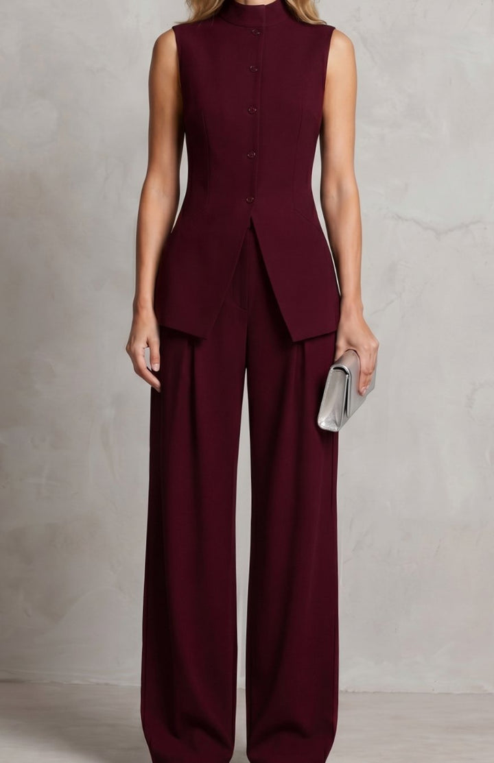 Women's Asymmetric Draped Sleeveless Top Wide-Leg Trouser Set - Wine Red