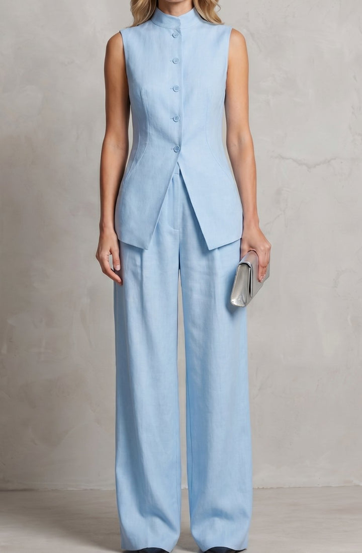 Women's Asymmetric Draped Sleeveless Top Wide-Leg Trouser Set - Light Blue