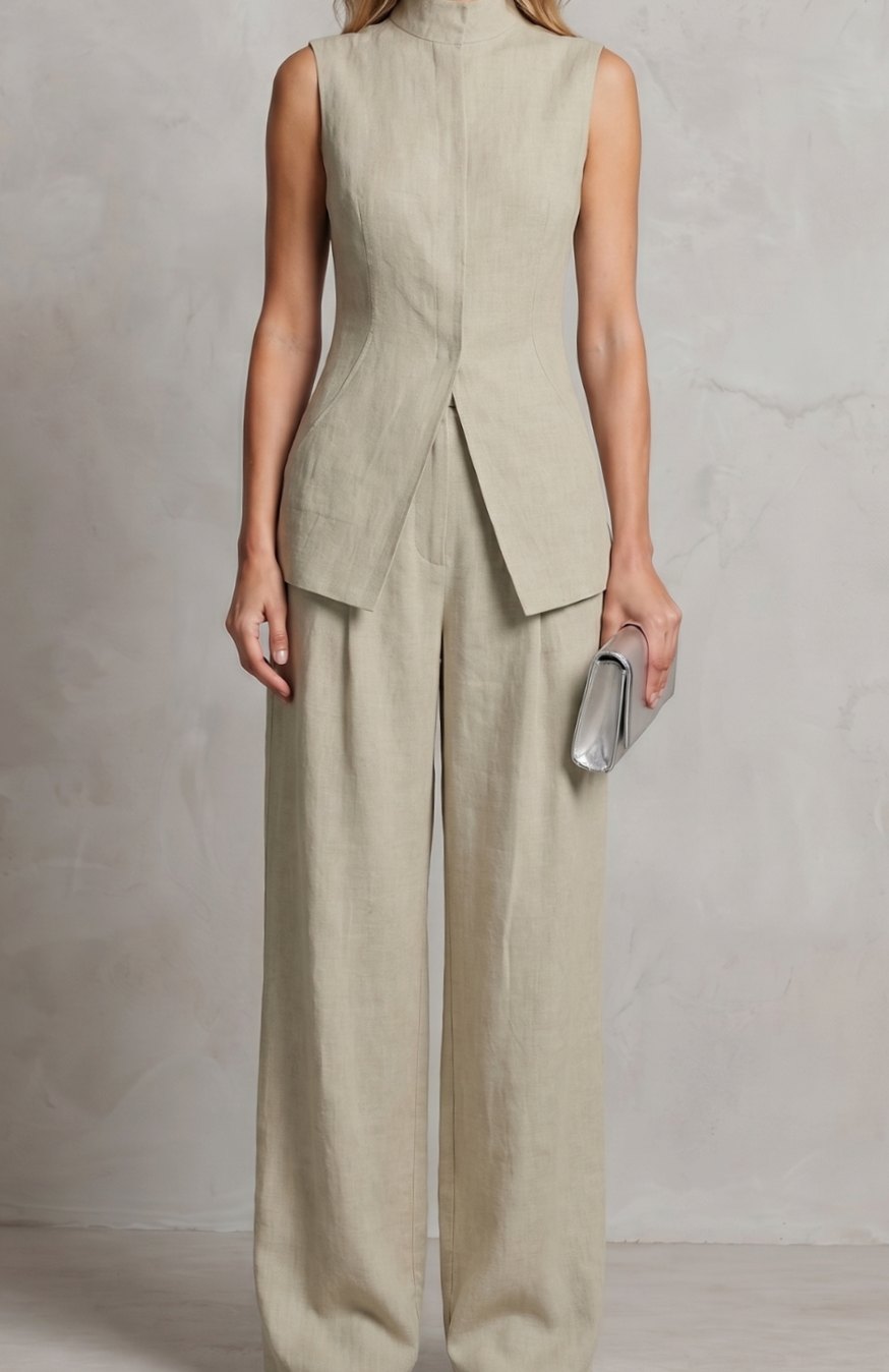 Women's Asymmetric Draped Sleeveless Top Wide-Leg Trouser Set - Apricot