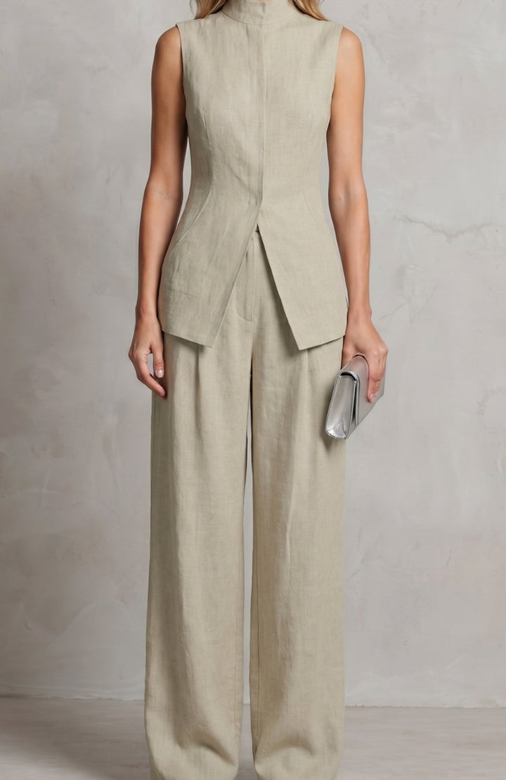 Women's Asymmetric Draped Sleeveless Top Wide-Leg Trouser Set - Apricot