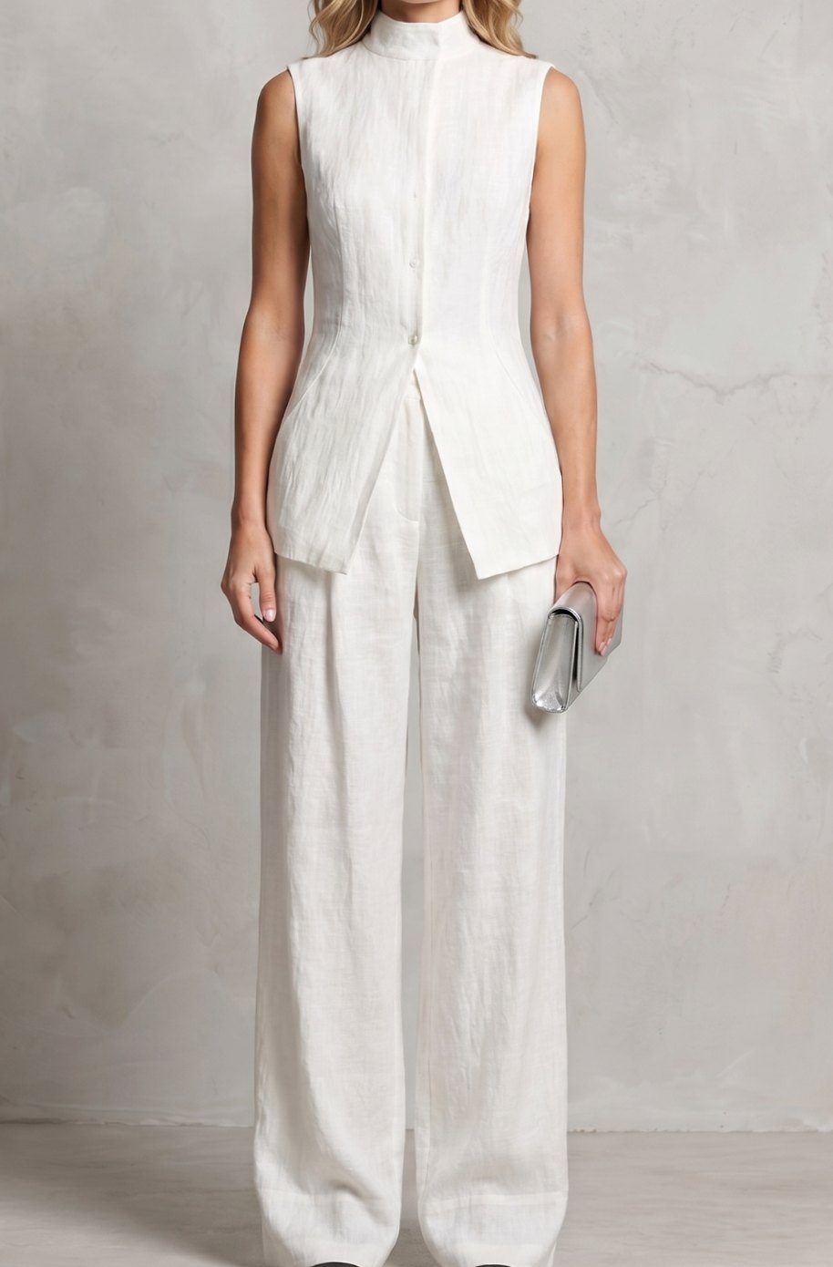 Women's Asymmetric Draped Sleeveless Top Wide-Leg Trouser Set - White