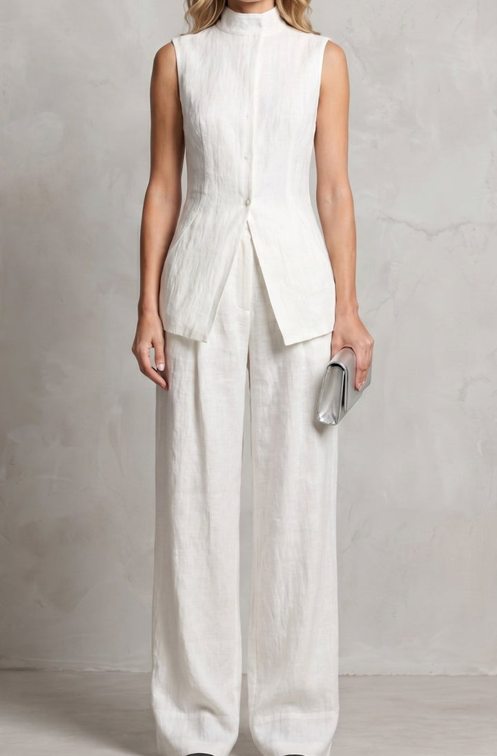 Women's Asymmetric Draped Sleeveless Top Wide-Leg Trouser Set - White