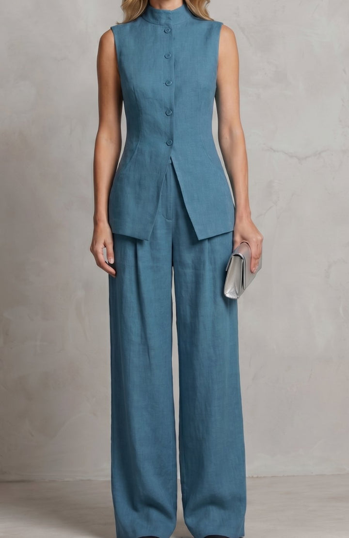 Women's Asymmetric Draped Sleeveless Top Wide-Leg Trouser Set - Blue