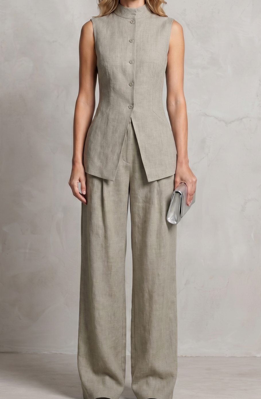 Women's Asymmetric Draped Sleeveless Top Wide-Leg Trouser Set - Gray