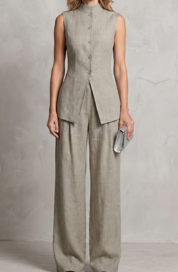 Women's Asymmetric Draped Sleeveless Top Wide-Leg Trouser Set - Gray