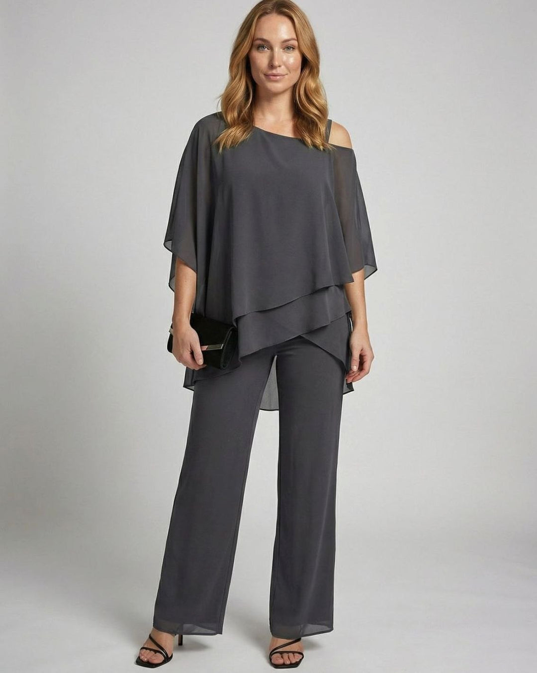 Women's Asymmetric Layered Chiffon Wide-Leg Jumpsuit Set - Gray