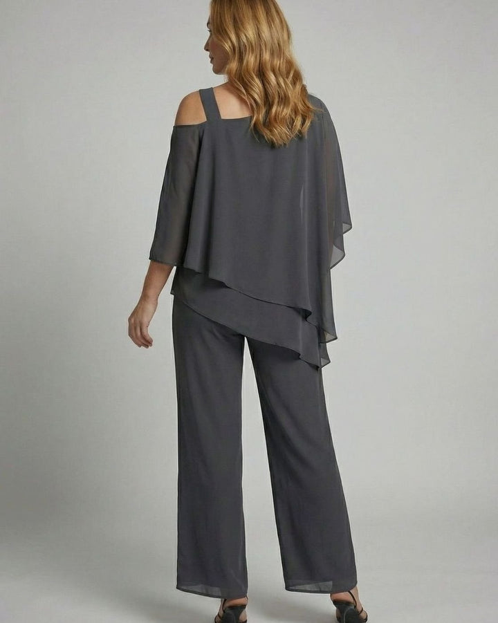 Women's Asymmetric Layered Chiffon Wide-Leg Jumpsuit Set