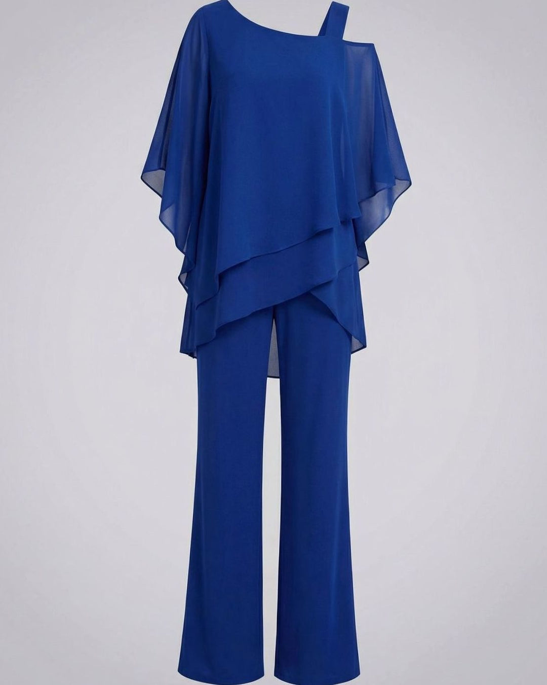 Women's Asymmetric Layered Chiffon Wide-Leg Jumpsuit Set - Blue