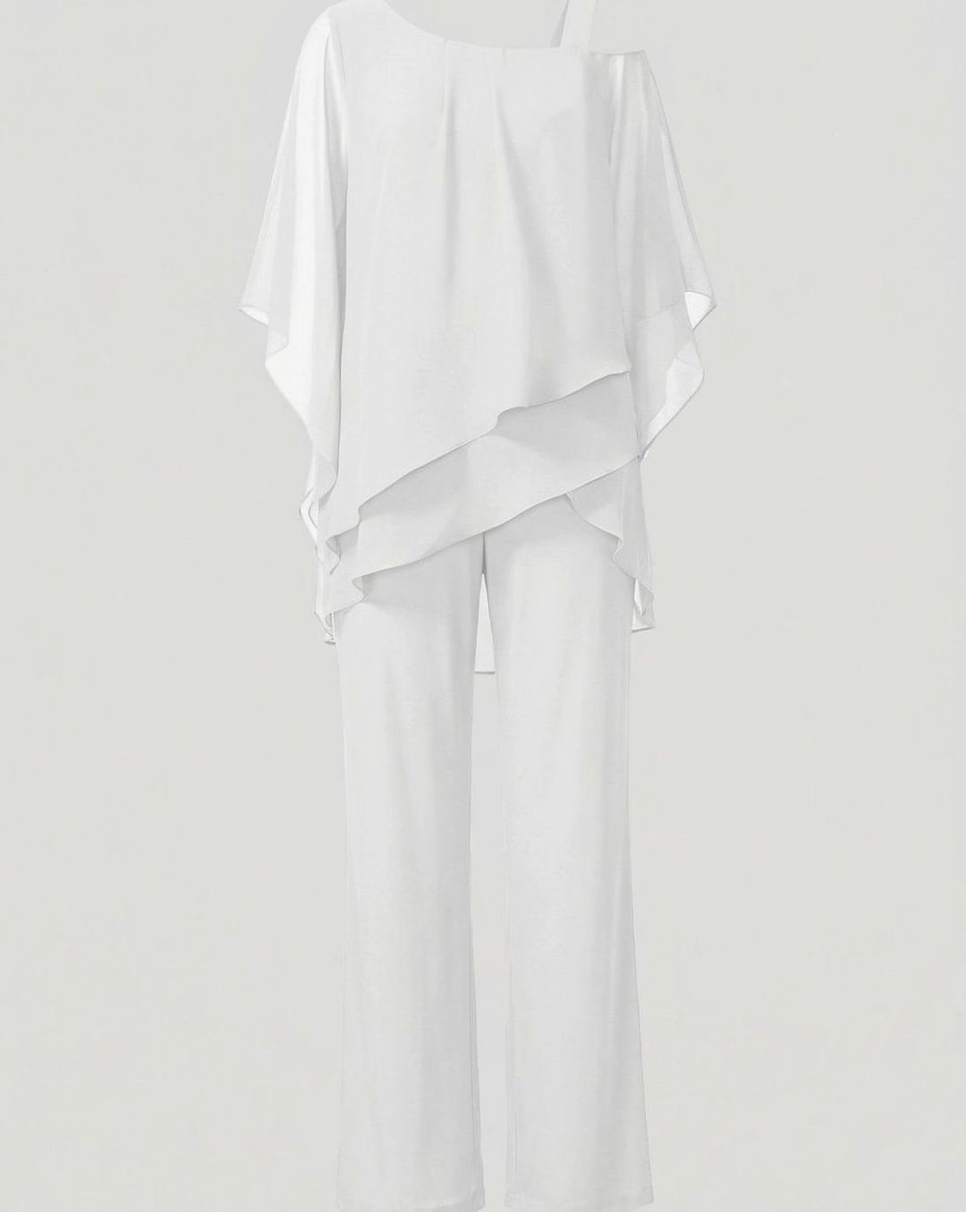 Women's Asymmetric Layered Chiffon Wide-Leg Jumpsuit Set - White