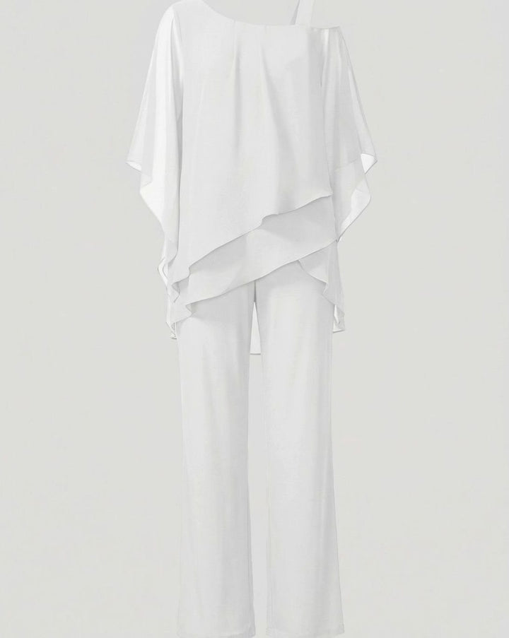 Women's Asymmetric Layered Chiffon Wide-Leg Jumpsuit Set - White
