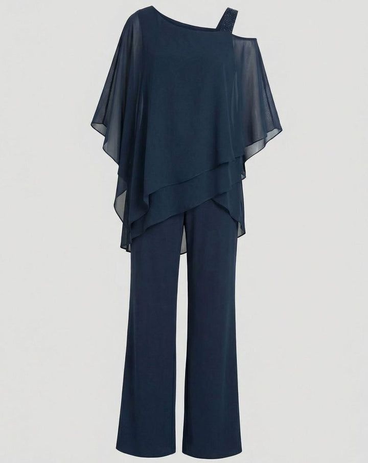 Women's Asymmetric Layered Chiffon Wide-Leg Jumpsuit Set - Navy Blue