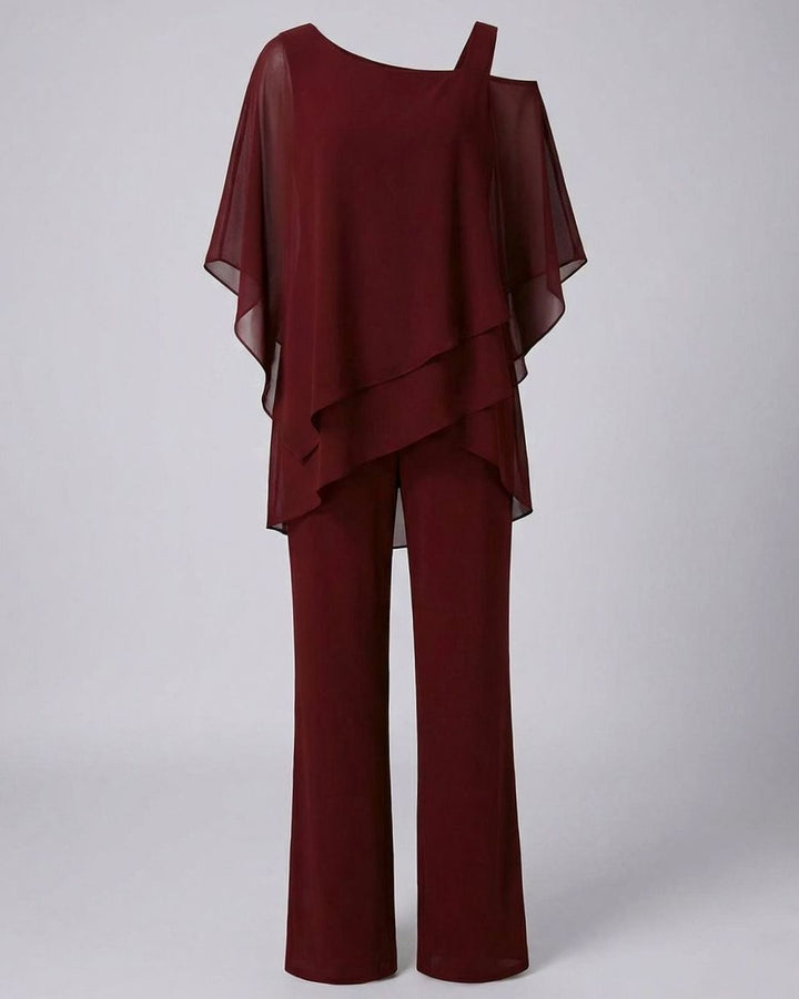 Women's Asymmetric Layered Chiffon Wide-Leg Jumpsuit Set - Red