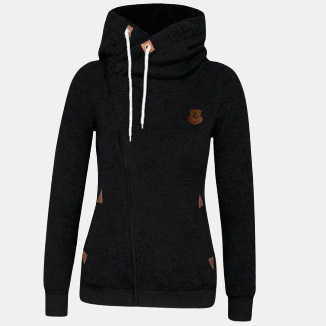 Women's Asymmetrical Zip-Up Drawstring Hoodie - Black