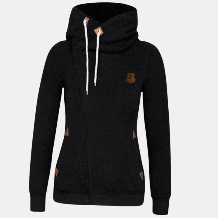 Women's Asymmetrical Zip-Up Drawstring Hoodie - Black