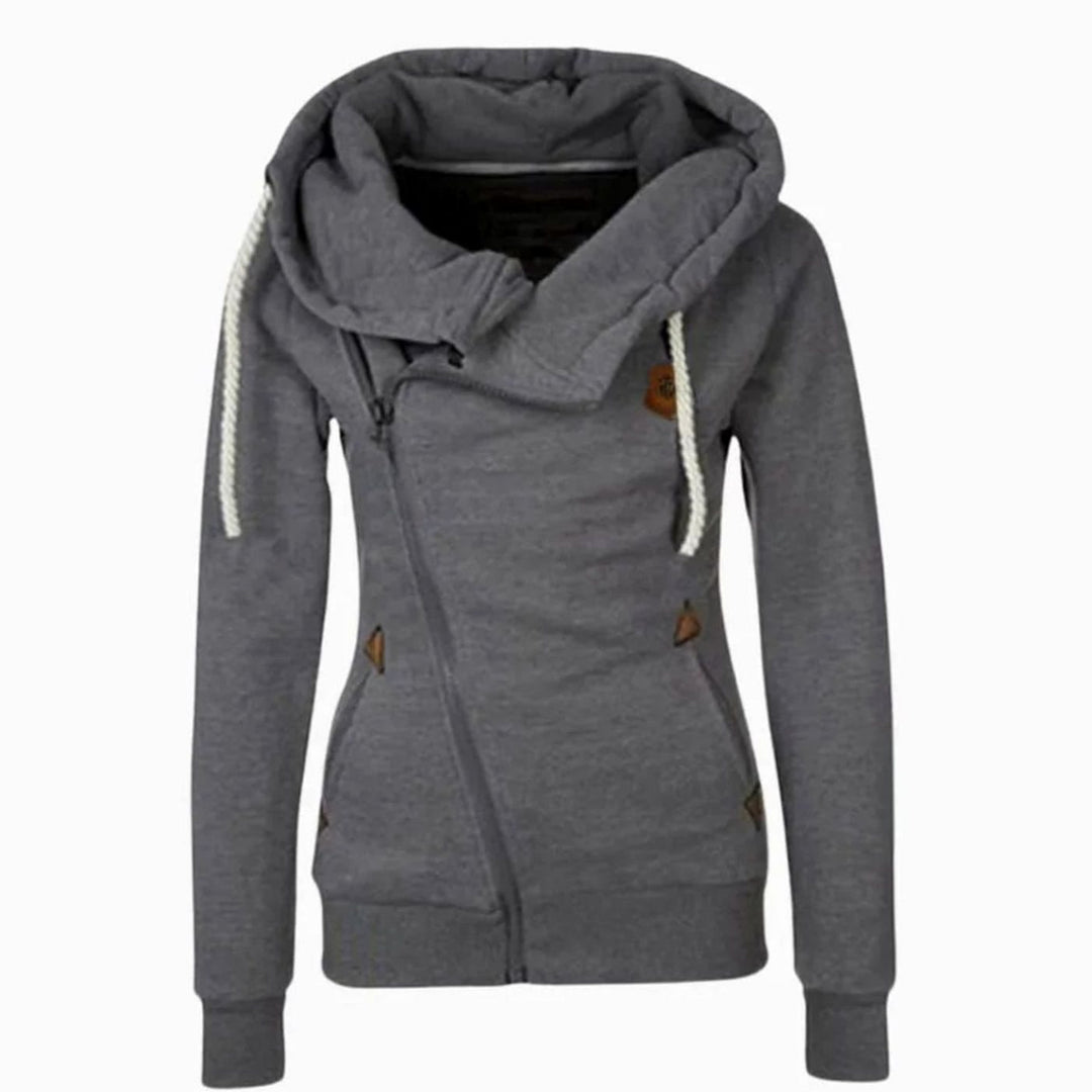 Women's Asymmetrical Zip-Up Drawstring Hoodie - Gray