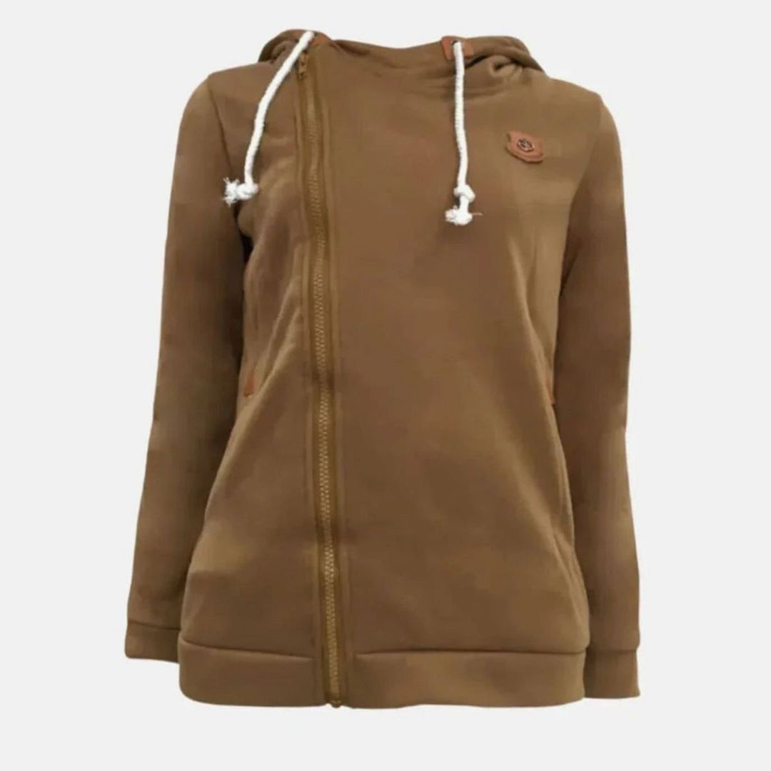 Women's Asymmetrical Zip-Up Drawstring Hoodie - Khaki