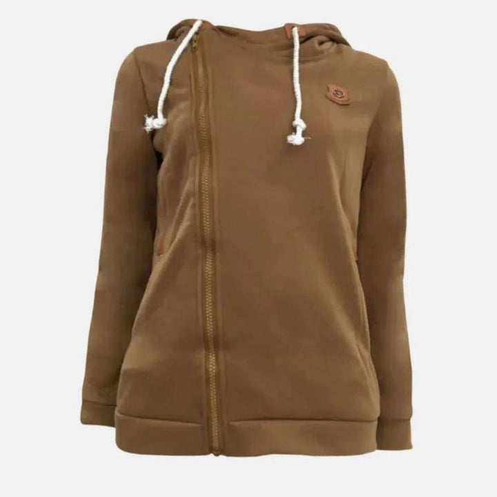 Women's Asymmetrical Zip-Up Drawstring Hoodie - Khaki
