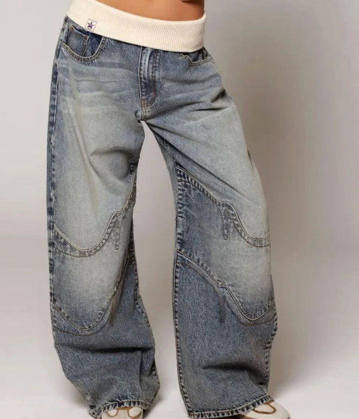 Women's Baggy Wide-Leg Jeans Curved Seam Ribbed Waistband - Light Blue