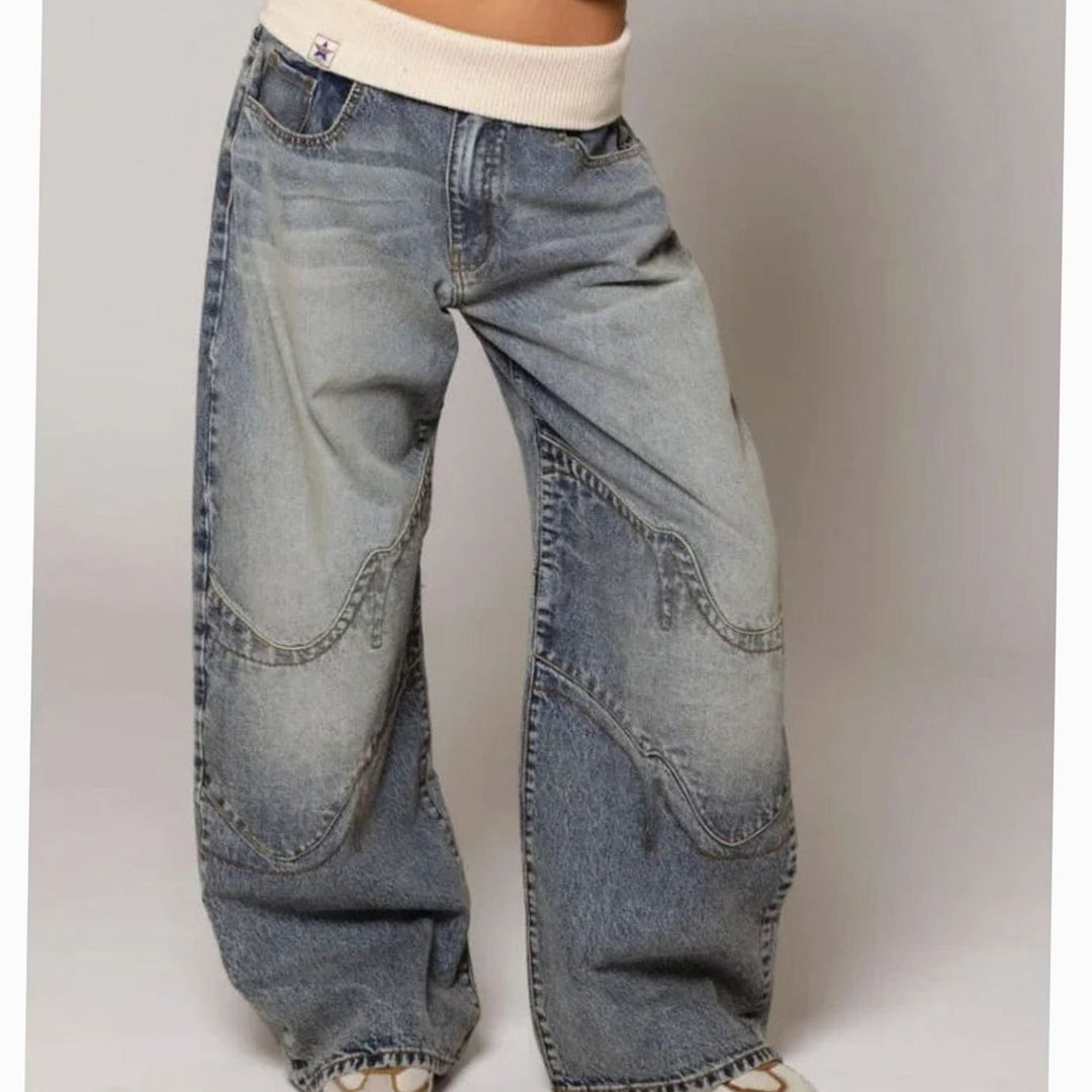 Women's Baggy Wide-Leg Jeans Curved Seam Ribbed Waistband
