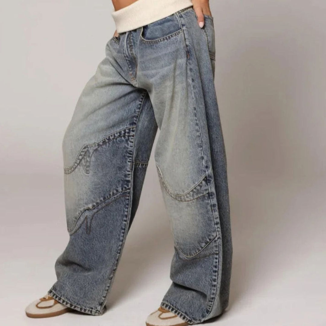 Women's Baggy Wide-Leg Jeans Curved Seam Ribbed Waistband