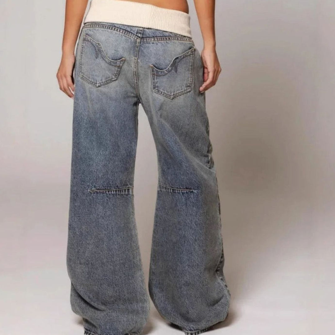 Women's Baggy Wide-Leg Jeans Curved Seam Ribbed Waistband