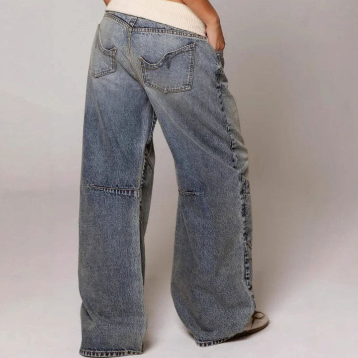 Women's Baggy Wide-Leg Jeans Curved Seam Ribbed Waistband
