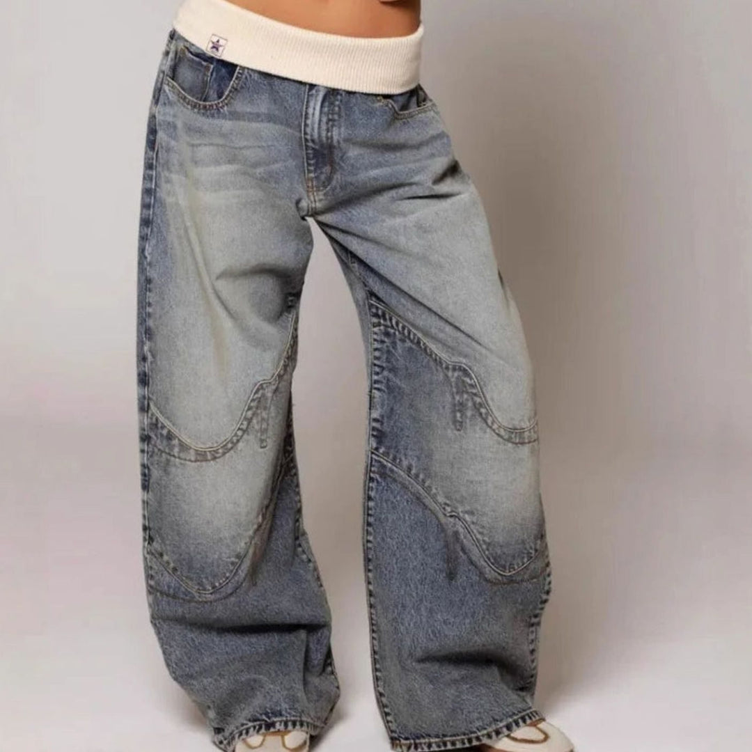 Women's Baggy Wide-Leg Jeans Curved Seam Ribbed Waistband