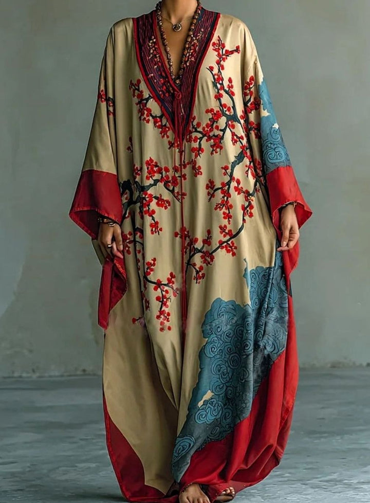 Women's Batwing-Sleeve Japanese Plum Blossom Print Maxi Dress - Red