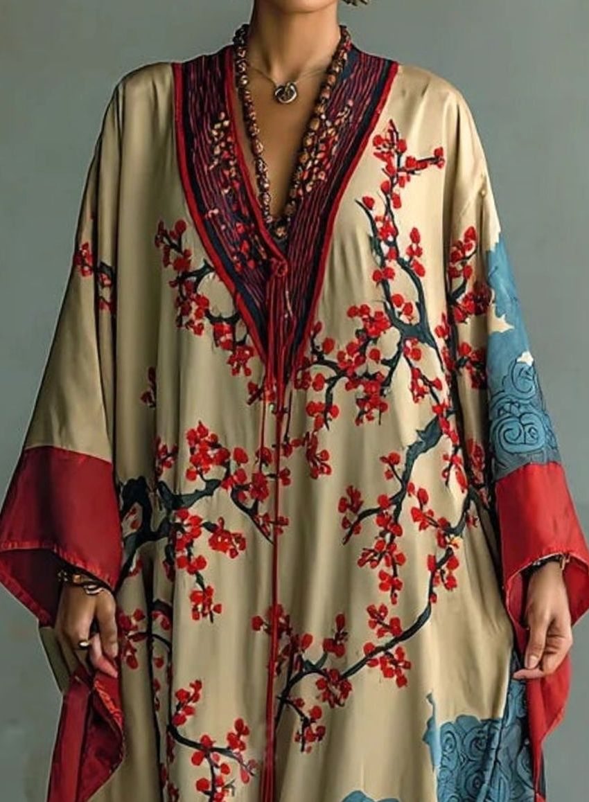 Women's Batwing-Sleeve Japanese Plum Blossom Print Maxi Dress