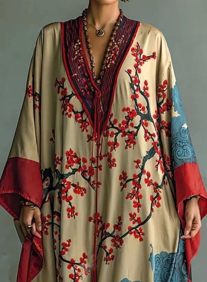 Women's Batwing-Sleeve Japanese Plum Blossom Print Maxi Dress