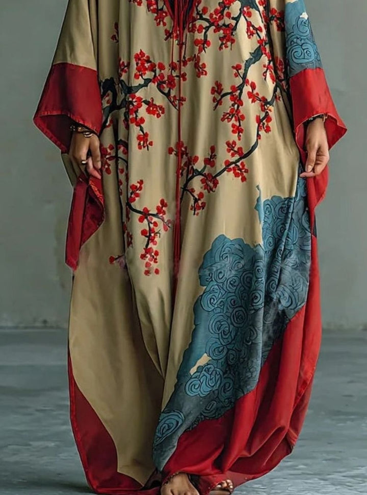Women's Batwing-Sleeve Japanese Plum Blossom Print Maxi Dress
